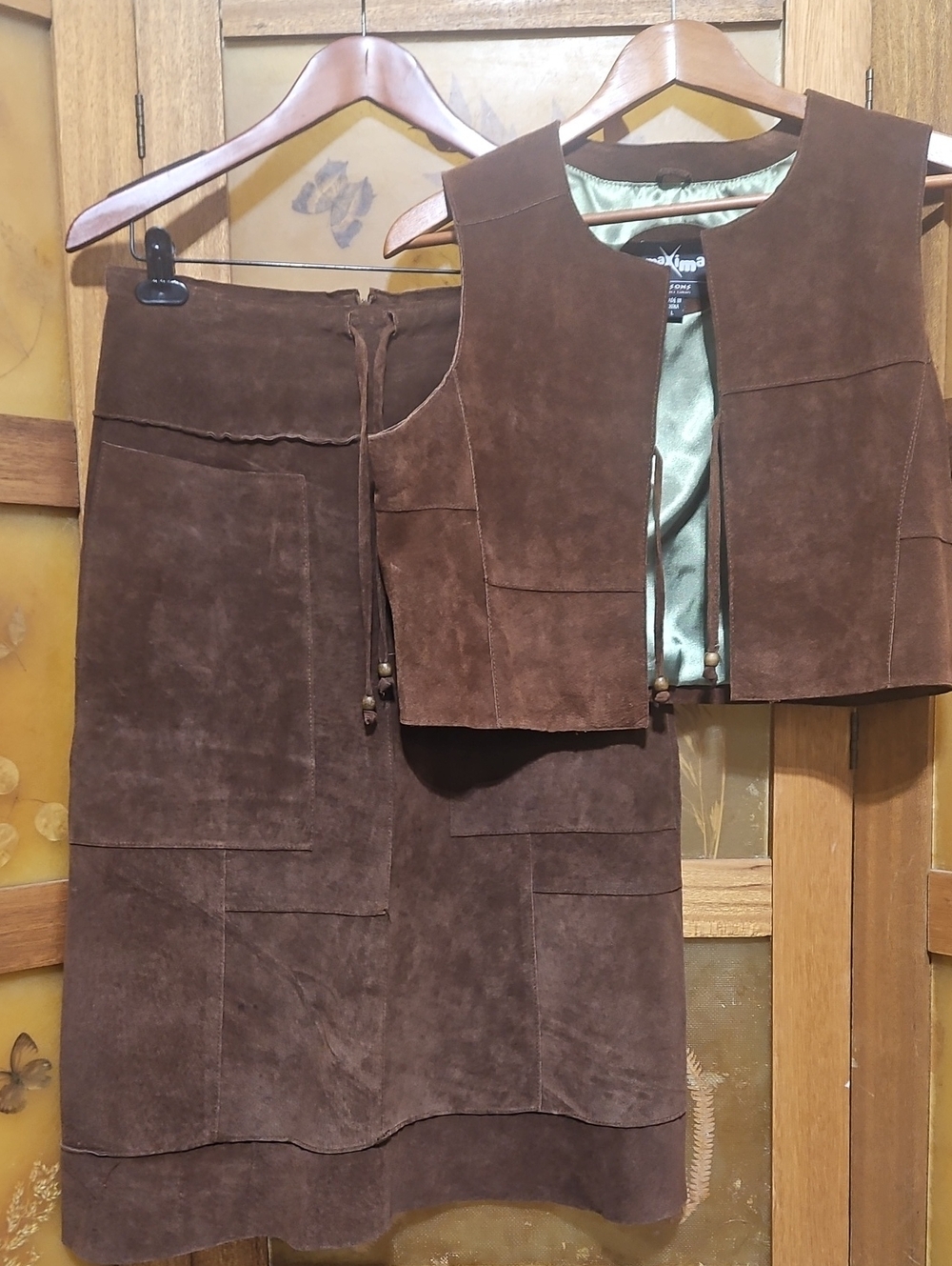 Vintage 90s Wilsons Leather Maxima Suede Patchwork Vest Skirt Matching Set L